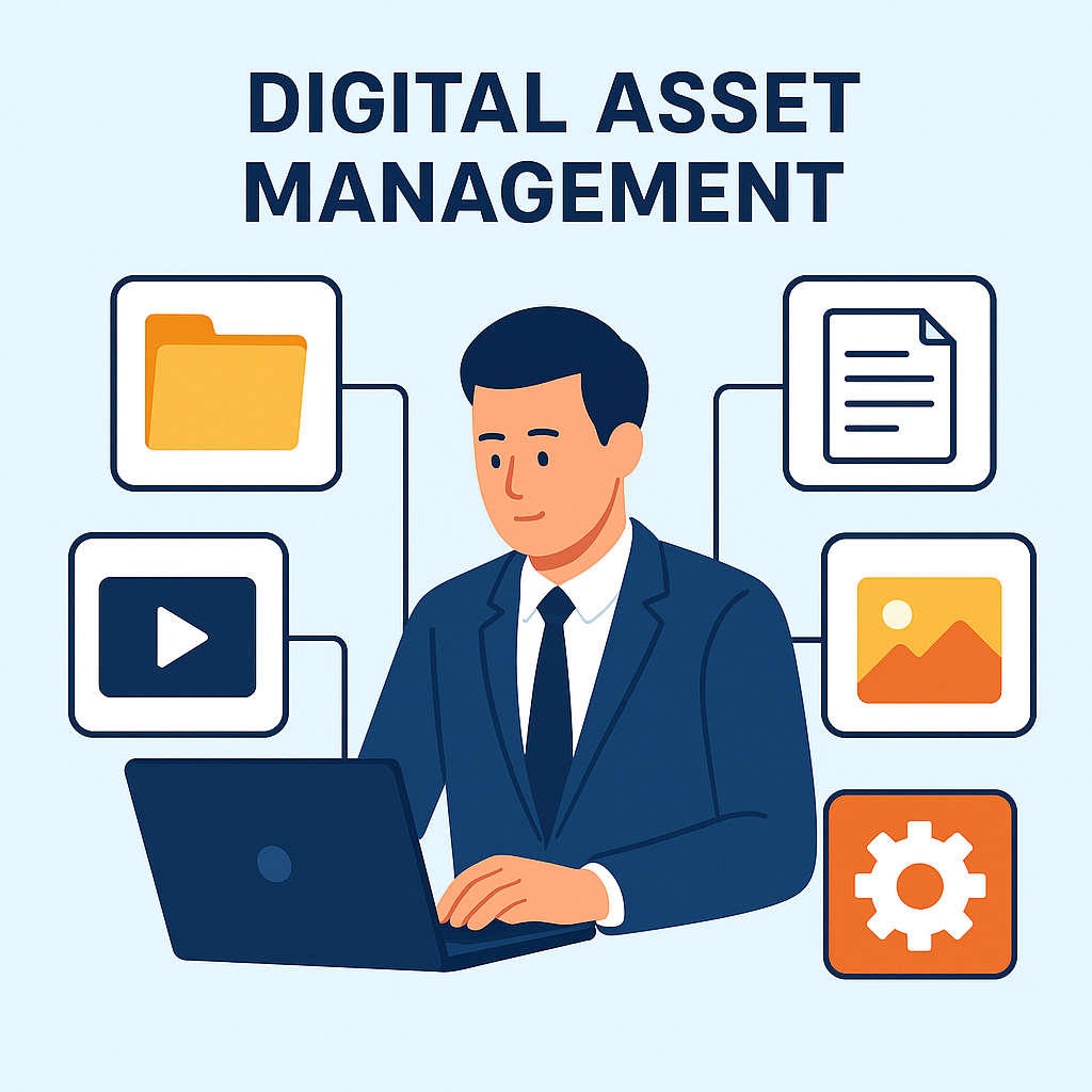 Digital asset management infographic showcasing benefits and strategies for businesses.