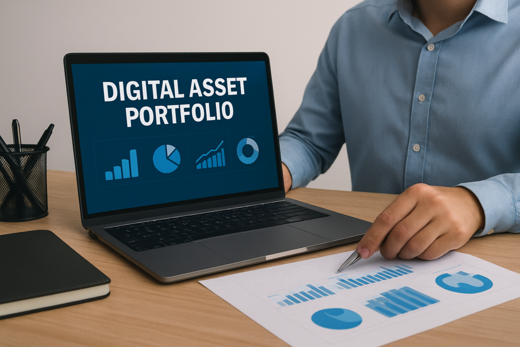 Digital asset holdings displayed on a laptop with charts