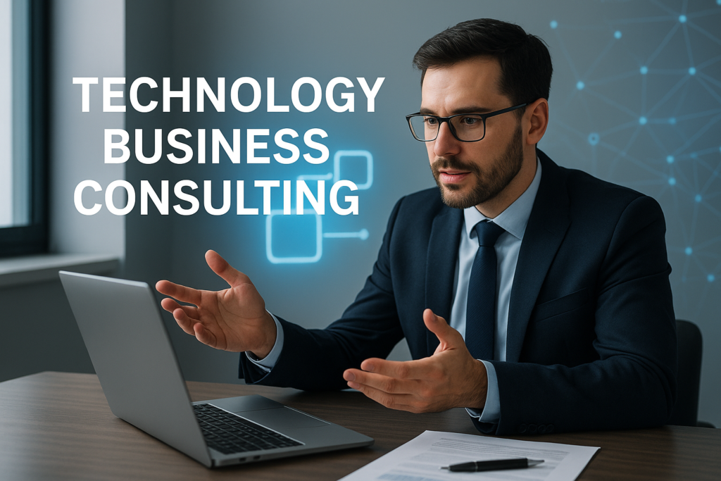 Technology business consulting with professionals analyzing data